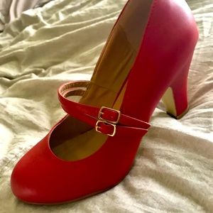 Red Mary-Jane style heels